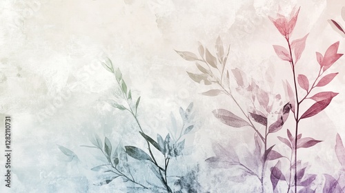 delicate botanical patterns with subtle pastel highlights, artistic and vibrant composition, textured and light design, soft and serene tones