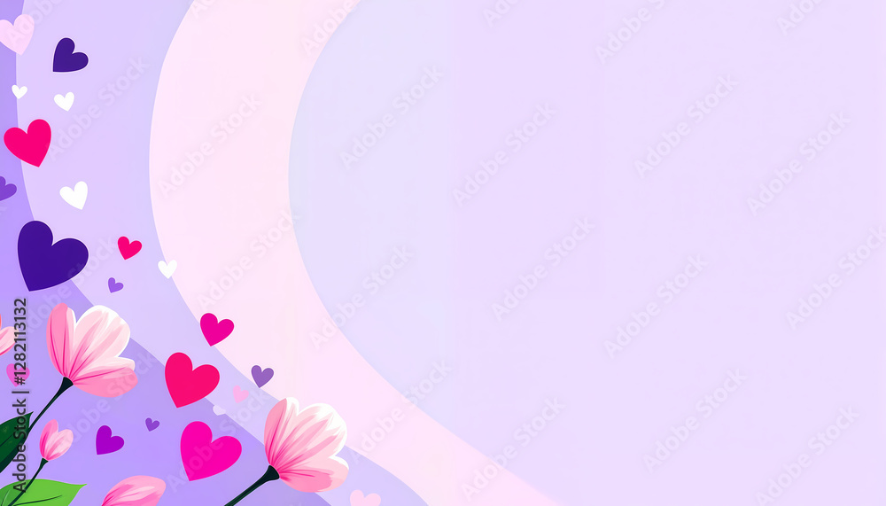 Romantic purple and pink floral background with heart decorations, ideal for Valentine's Day, wedding invitations, and love-themed designs. Romantic purple and pink floral background with heart decorations, ideal for Valentine's Day, wedding invitations, and love-themed designs.