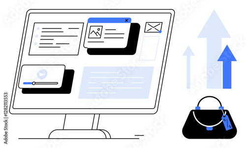 Computer monitor displaying e-commerce website with product listings, video content, and messages. Blue upward arrows and handbag representing online shopping growth and trend analytics. Ideal