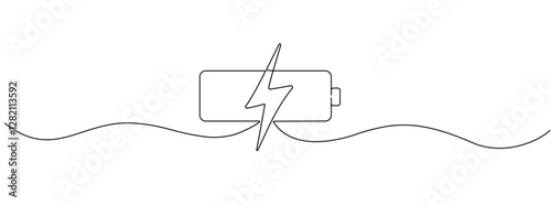 Charging a battery in one continuous editable line. figure. Battery with zipper in a minimalist linear style. Electricity concepts. Vector illustration.