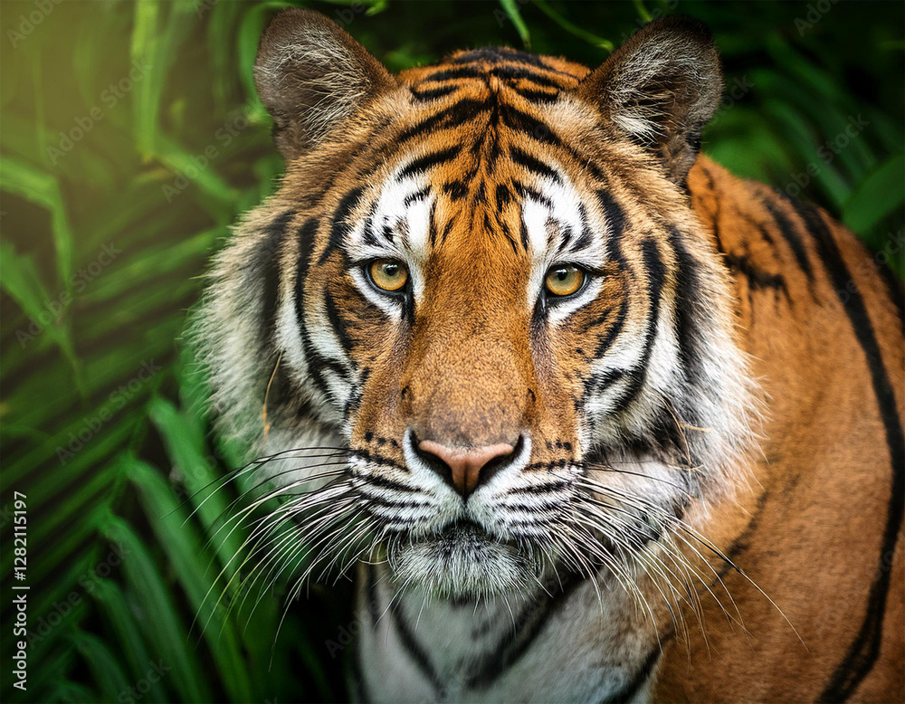 realistic detailed tiger portrait with intense gaze in lush jungle background realistic detailed tiger portrait with intense gaze in lush jungle background