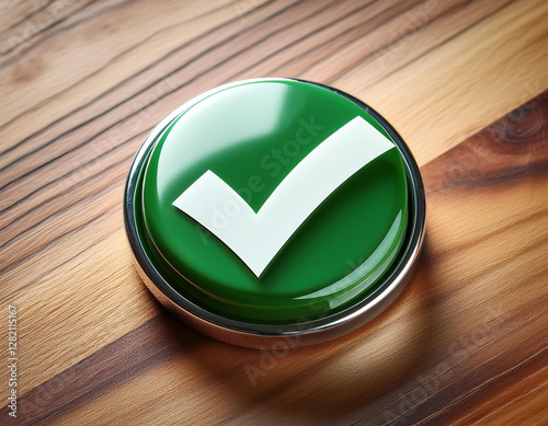a close up of a glossy green button featuring a white checkmark symbol resting on a wooden surface symbolizing approval confirmation and success