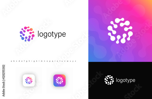 Modern abstract molecular logo with interconnected organic shapes, symbolizing technology, communication, scientific innovation. Perfect for biotech, AI, healthcare, digital industries. Vector logo