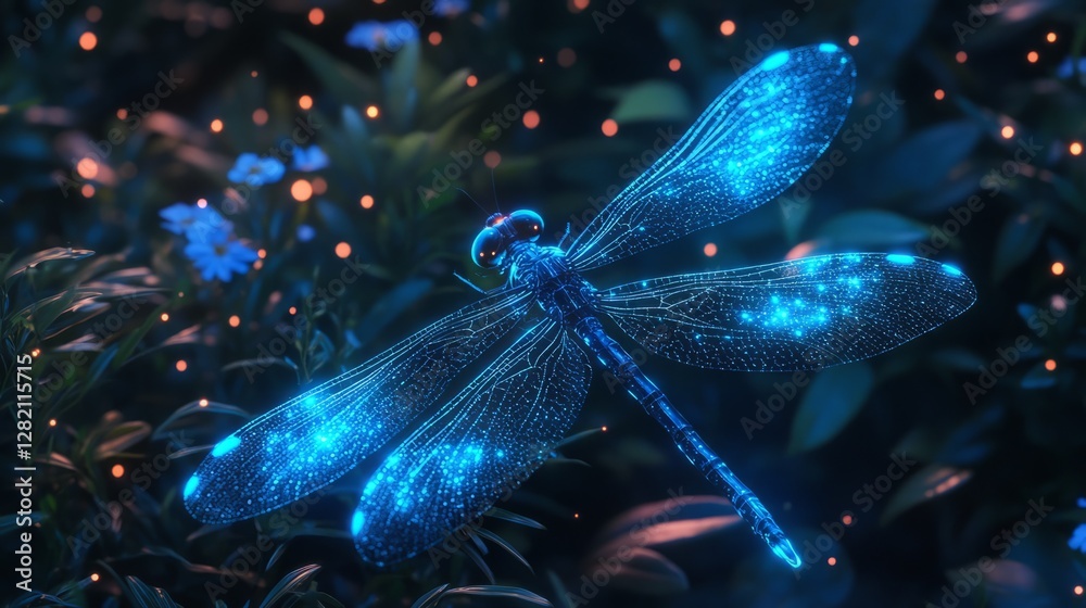 dragonfly with glowing blue wings in a lush garden, detailed and vibrant composition, natural and textured design, radiant and sharp tones dragonfly with glowing blue wings in a lush garden, detailed and vibrant composition, natural and textured design, radiant and sharp tones