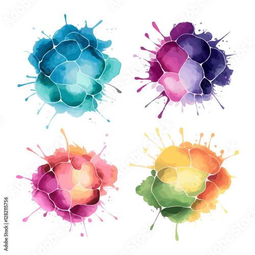 A set of vibrant watercolor splashes with blended colors and artistic textures. A creative mix of blue, purple, yellow, and green tones.