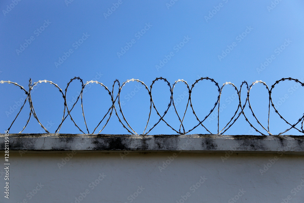 concertina fence installed on a wall and a blue sky background concertina fence installed on a wall and a blue sky background