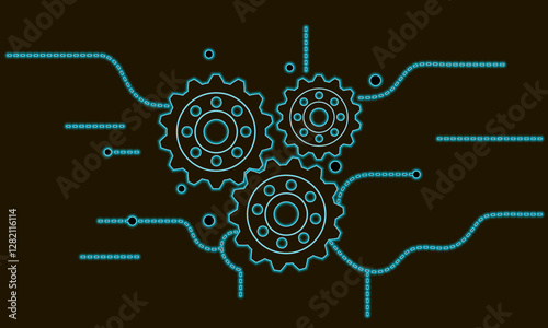 Mechanical gears. Cogwheel icon. Technological design with geometric elements symbolizing industry and engineering processes. Neon gear vector icon