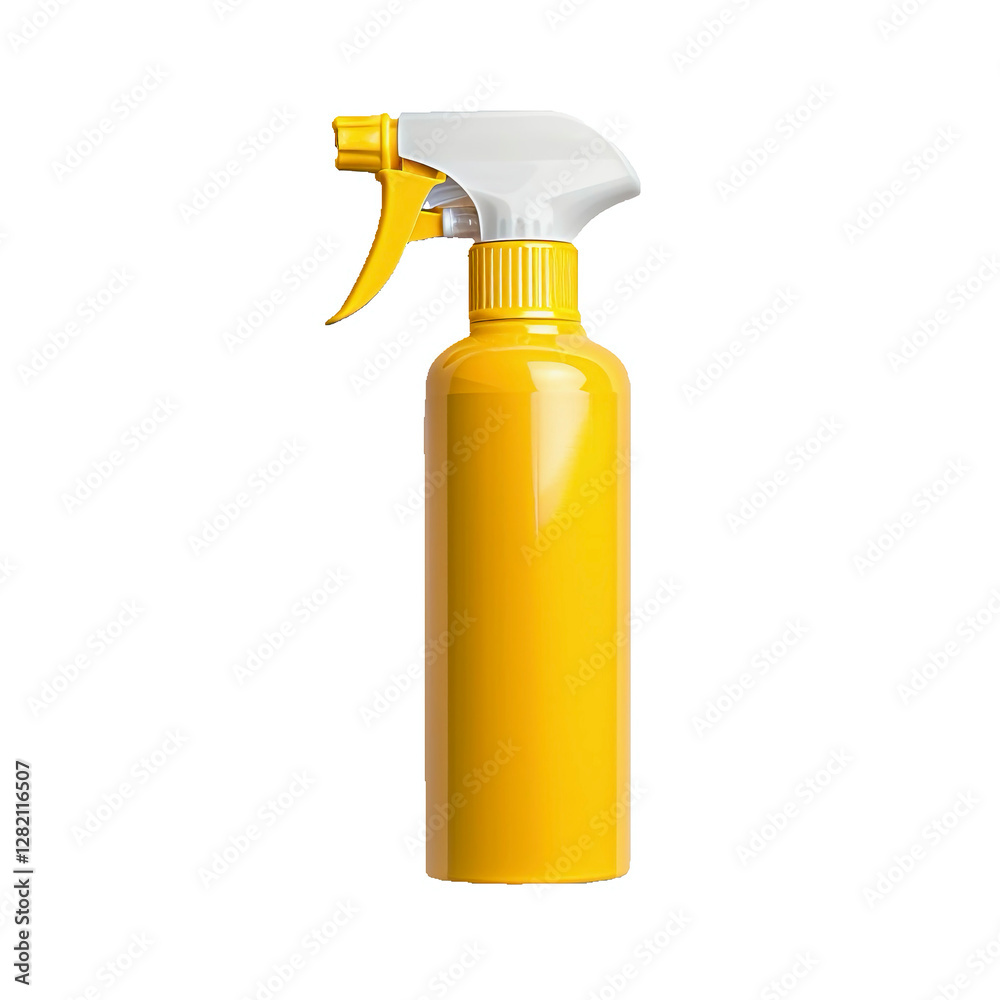 Bright yellow spray bottle with a white nozzle, designed for storing and spraying liquids. Used for household chemicals, cleaning products, cosmetics, gardening. Isolated on a white background Bright yellow spray bottle with a white nozzle, designed for storing and spraying liquids. Used for household chemicals, cleaning products, cosmetics, gardening. Isolated on a white background