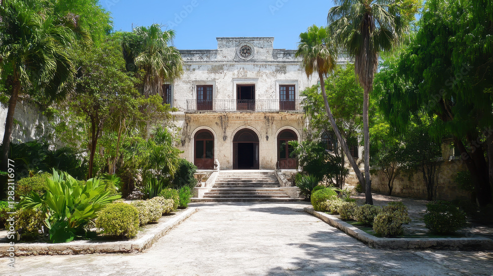 Obraz premium Abandoned Colonial Mansion Surrounded by Lush Greenery in Daylight