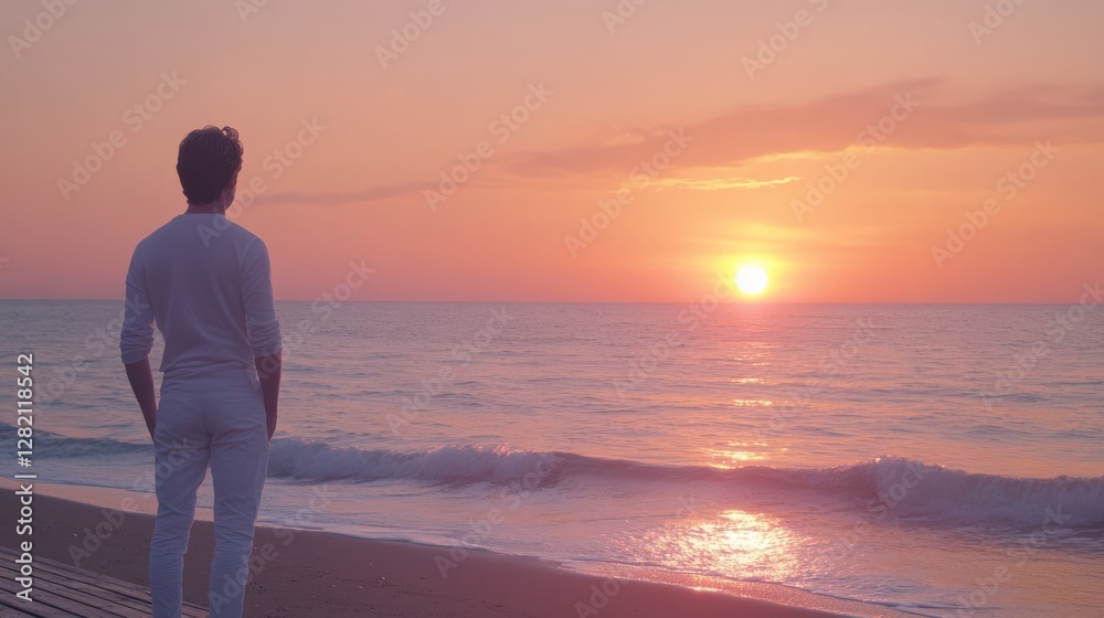 A person gazes at a calm ocean during a beautiful sunset by the beach. The sky glows in soft hues of pink and orange, reflecting tranquility. A person gazes at a calm ocean during a beautiful sunset by the beach. The sky glows in soft hues of pink and orange, reflecting tranquility.