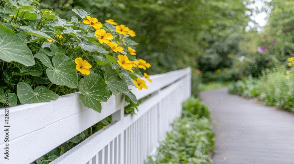 Fototapeta premium Yellow Flowers Bordering White Wooden Bridge Path
