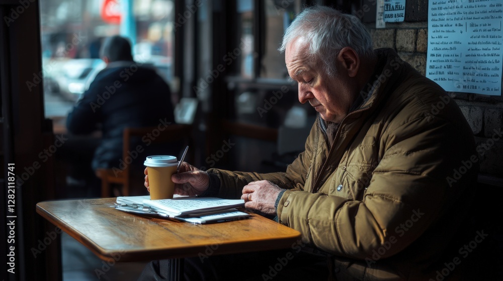 An elderly man enjoying coffee while reading quietly in a cozy cafe, surrounded by calm ambiance and soft light. An elderly man enjoying coffee while reading quietly in a cozy cafe, surrounded by calm ambiance and soft light.