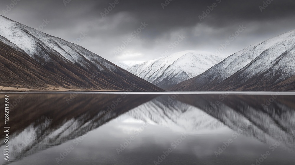Obraz premium Mountain lake reflection, snowy peaks, dramatic sky, calm water, nature photography
