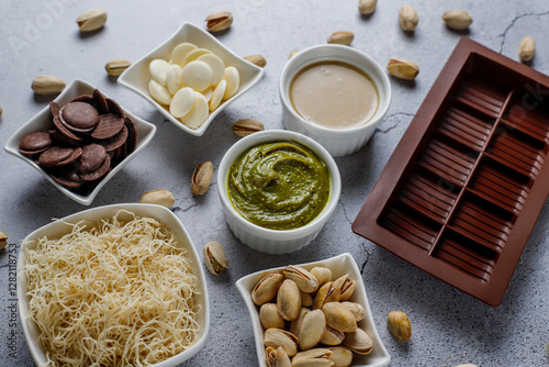 Photography Trendy dubai chocolate ingredients for making dubai chocolate.
