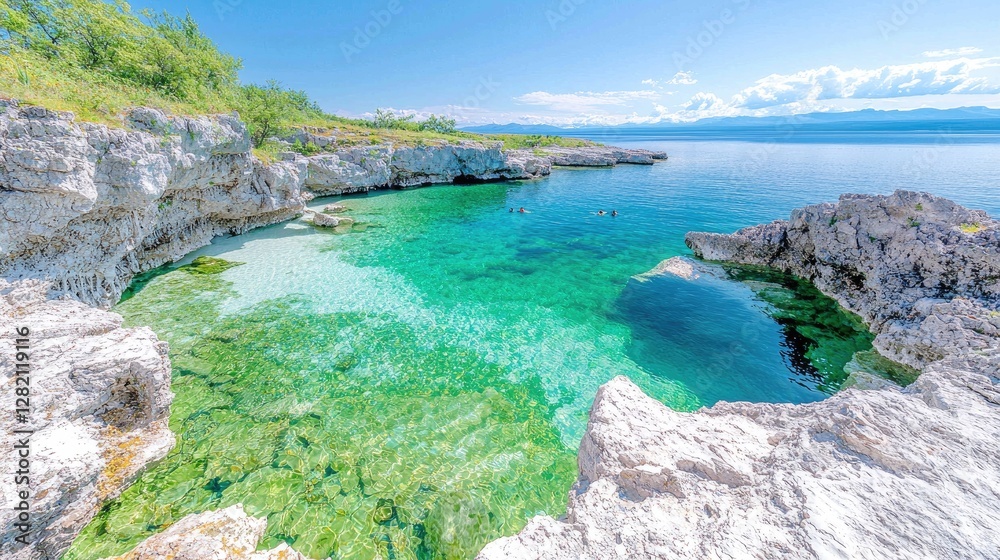 Secluded cove, turquoise water, rocky shore, swimmers, sunny day, travel brochure Secluded cove, turquoise water, rocky shore, swimmers, sunny day, travel brochure