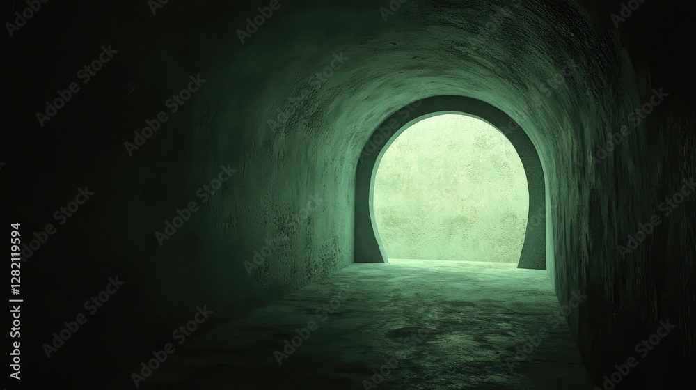Dark tunnel exit, light at end, concrete walls, mystery