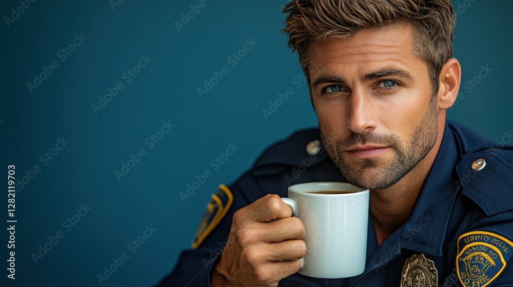 Quiet moment for a police officer enjoying coffee in navy blue uniform Quiet moment for a police officer enjoying coffee in navy blue uniform