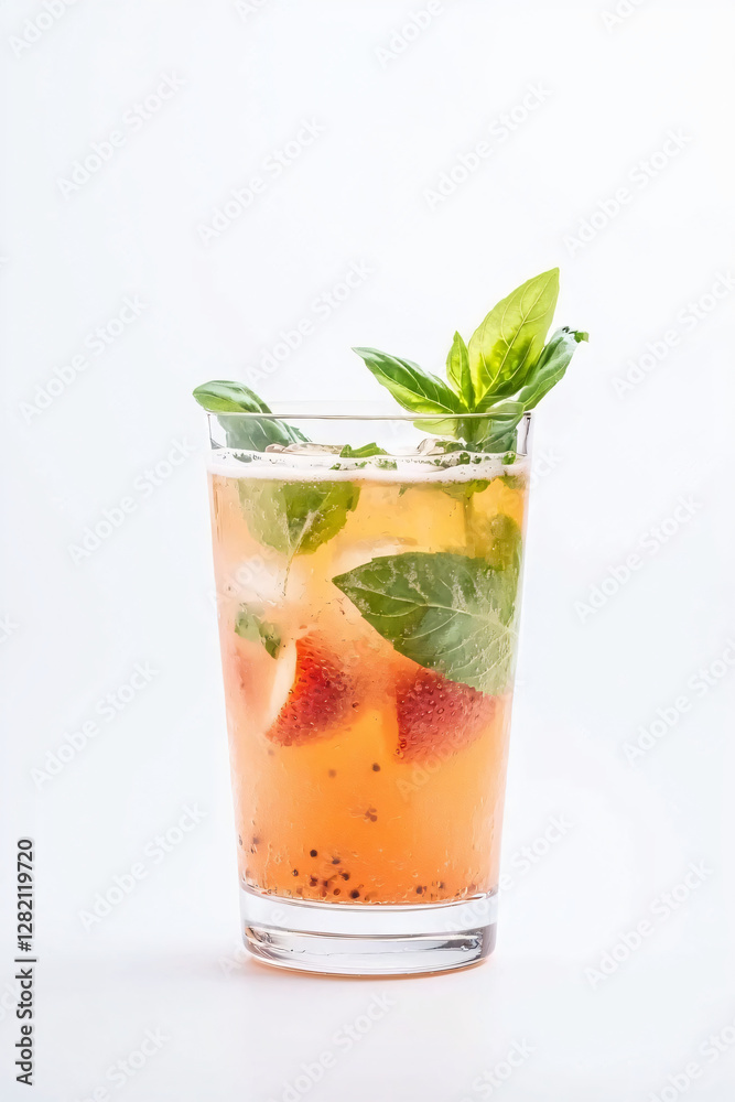 carbonated strawberry drink preparation with muddled basil and berries isolated on white background carbonated strawberry drink preparation with muddled basil and berries isolated on white background