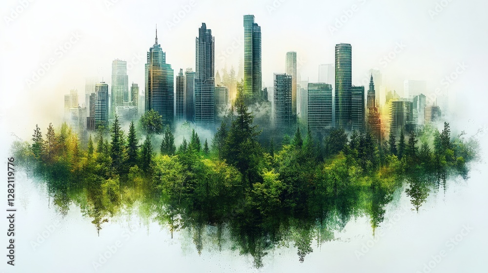 Obraz premium Urban skyline merging with lush greenery, showcasing harmony between nature and city life