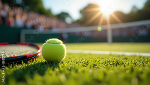 close-up of a tennis racket and ball on a grass field