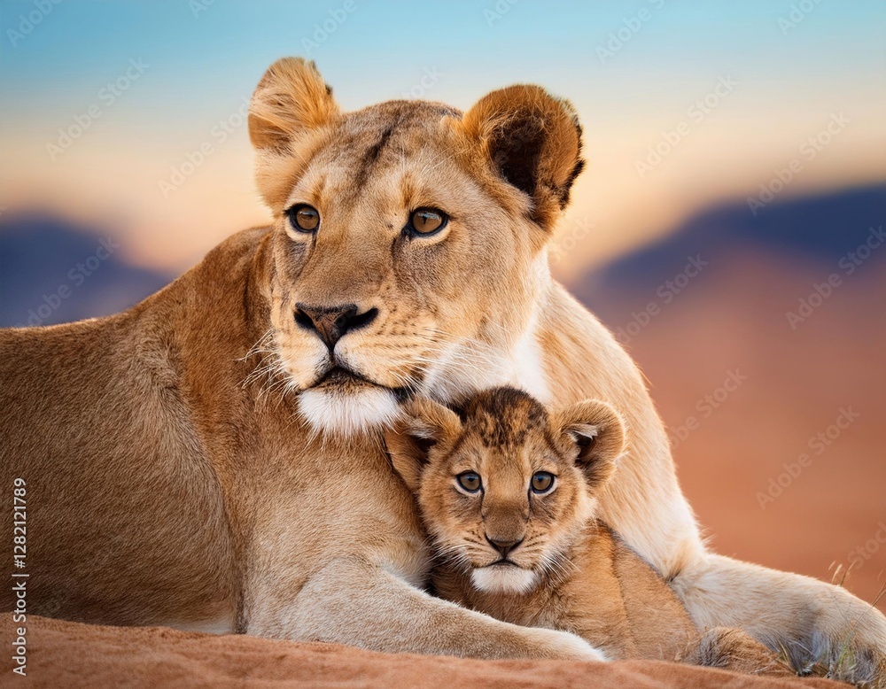 Lioness tenderly cuddles her cub in a serene desert landscape during sunset Lioness tenderly cuddles her cub in a serene desert landscape during sunset