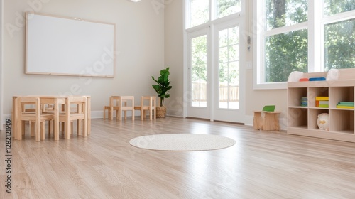 Bright classroom  wooden furniture  learning space  nature view