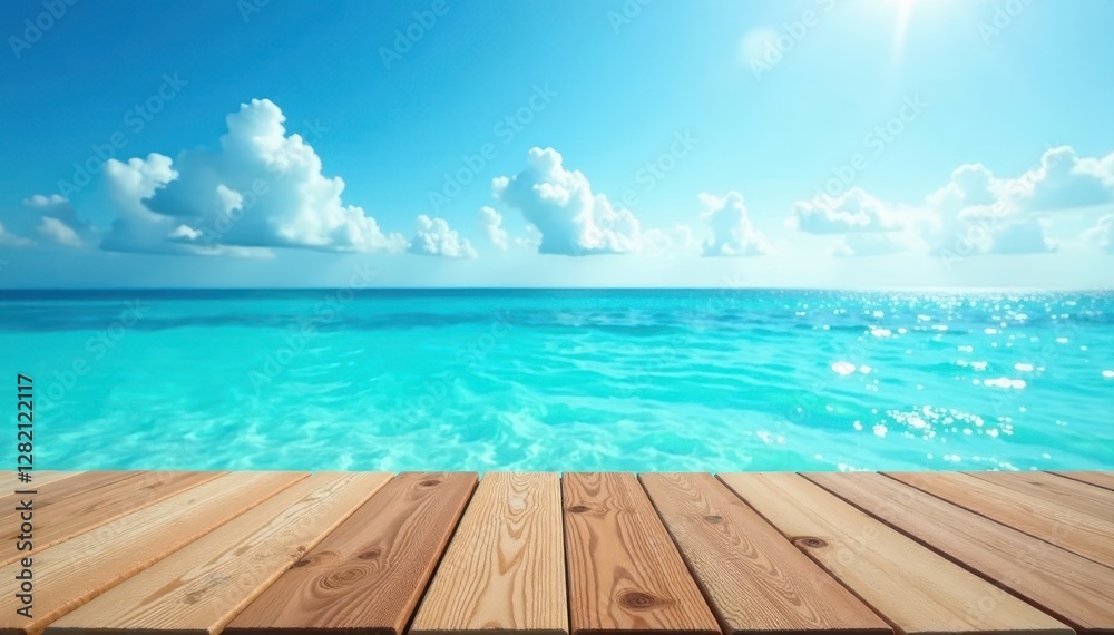 Fototapeta premium Smooth wood surface against sparkling turquoise sea and bright sky , view, vacation