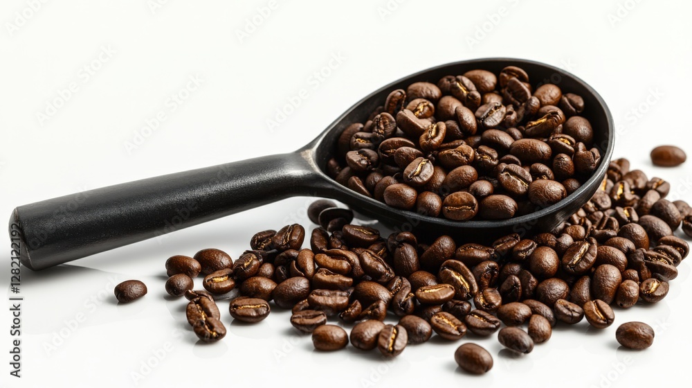 Fototapeta premium Overflowing coffee scoop filled with glossy Arabica beans on a white background