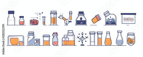 Flat linear chemistry icons set featuring various laboratory glassware and equipment.
