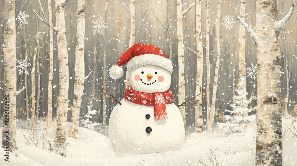 festive snowman illustration with a red scarf and Santa hat, surrounded by snow-covered trees, cheerful Christmas card design with bright and joyful winter vibes festive snowman illustration with a red scarf and Santa hat, surrounded by snow-covered trees, cheerful Christmas card design with bright and joyful winter vibes
