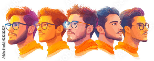 Flat linear icons set of diverse male hairstyles with glasses - vector design.