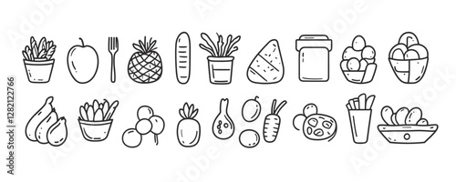 Flat linear food icons set: fruits, vegetables, snacks, healthy eating symbols.