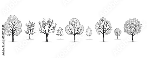 Linear flat trees icons set: elegant black and white nature vector illustrations.
