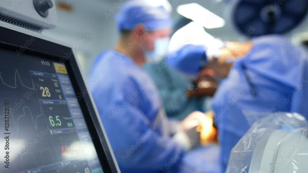 Patient's life parameters on the part of the monitor of lung ventilating machine. Medical team carries out surgery at backdrop in blur.
