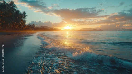 Tropical beach sunrise waves at golden hour photo