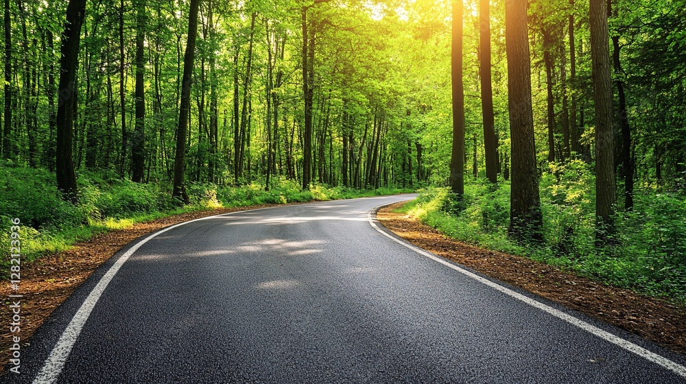 Empty asphalt road winding through green forest Empty asphalt road winding through green forest