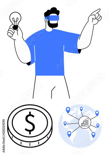 Man wearing VR headset with light bulb idea, dollar coin for finance, and global map with location nodes. Ideal for innovation, technology, virtual reality, business, global trade, economy abstract