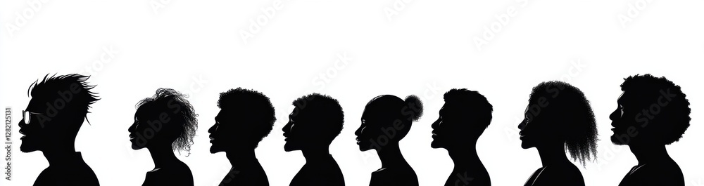 Fototapeta premium Illustration of diverse silhouettes of individuals in profile against white background