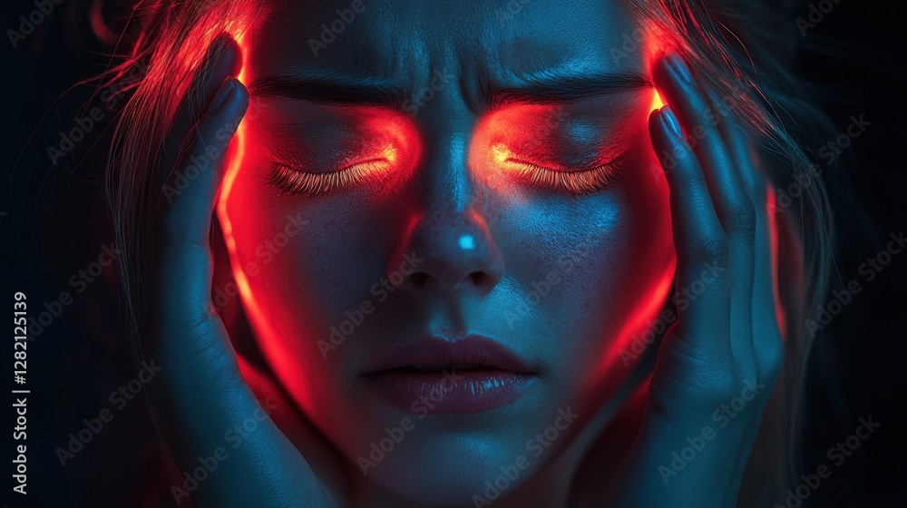 Visual representation of migraine experience with glowing effects on subject's face Visual representation of migraine experience with glowing effects on subject's face