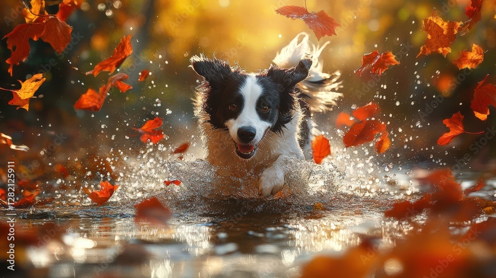 Joyful Dog Splashing Through Water and Autumn Leaves in a Vibrant Scene of Nature Joyful Dog Splashing Through Water and Autumn Leaves in a Vibrant Scene of Nature