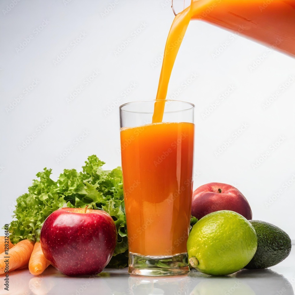 Conceptual Image: Fresh Juice Pouring from Fruits and Vegetables into a Glass on a White Background Conceptual Image: Fresh Juice Pouring from Fruits and Vegetables into a Glass on a White Background