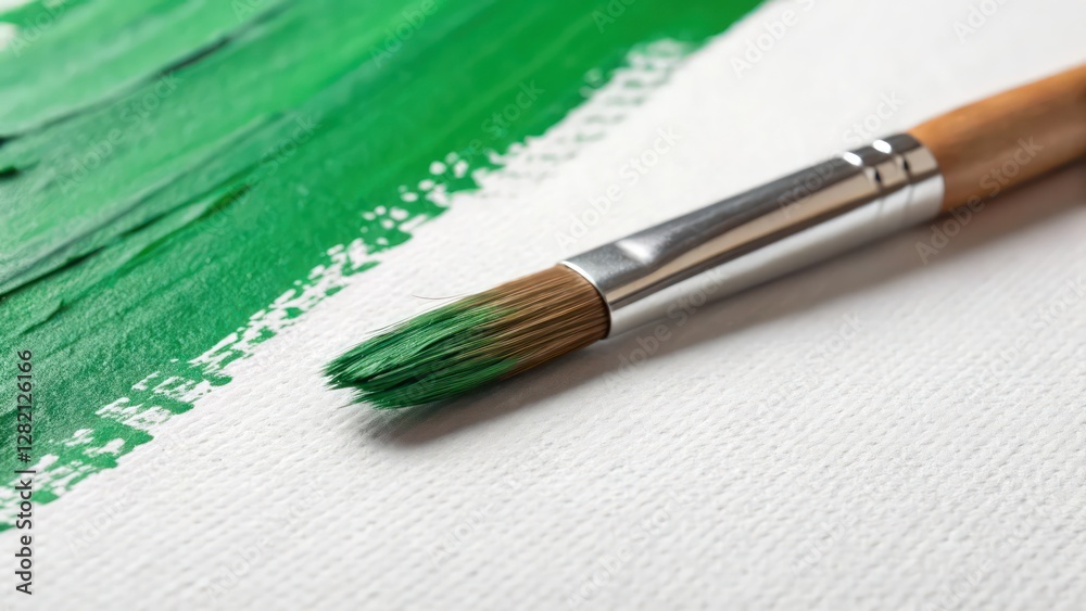 Fototapeta premium Vibrant Green Brush Stroke Artwork on Canvas Close Up on White Background