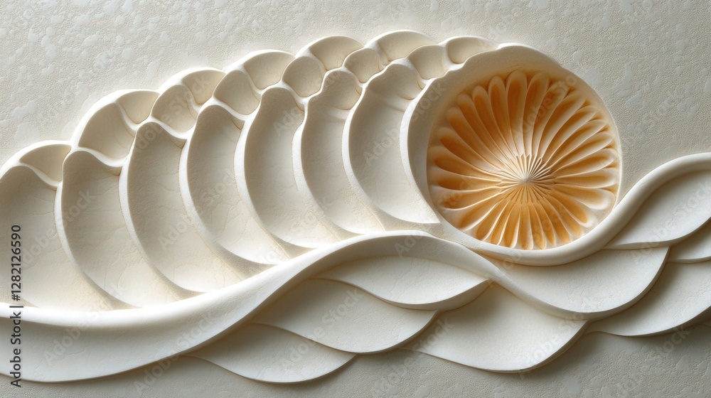 Intricate paper art depicting a wave pattern with a sunburst design in soft colors and textures Intricate paper art depicting a wave pattern with a sunburst design in soft colors and textures