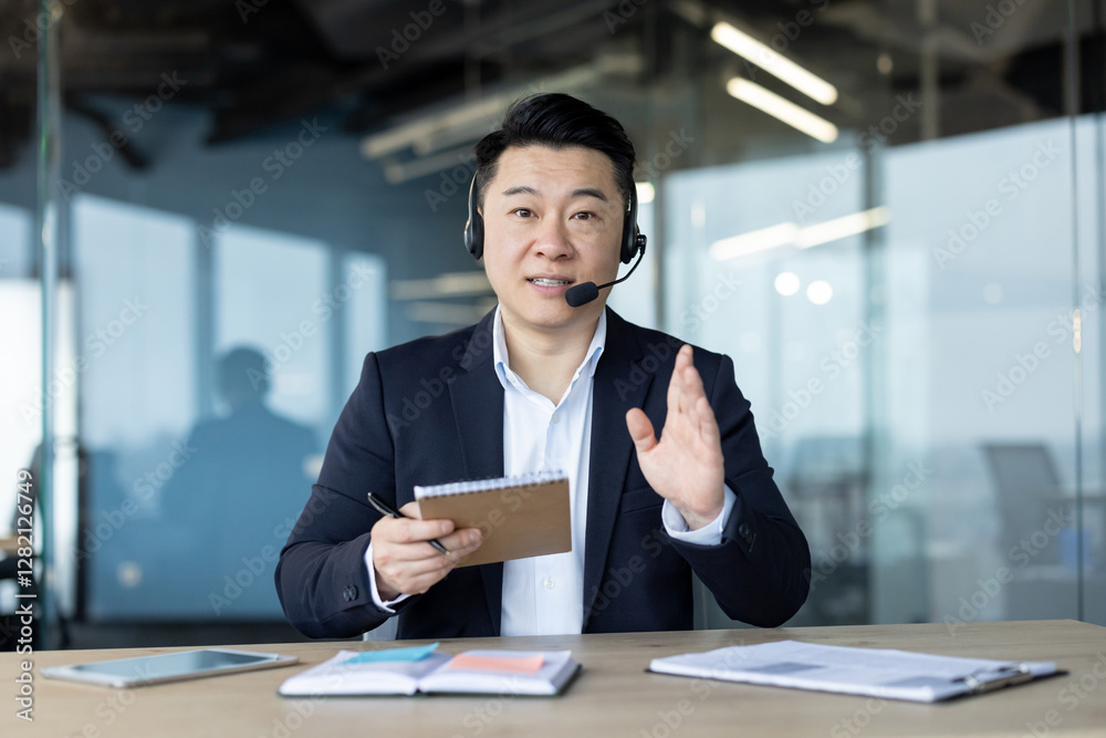 Asian young businessman holding online meeting in office, sitting at table in headset, holding notebook, talking and explaining to camera Asian young businessman holding online meeting in office, sitting at table in headset, holding notebook, talking and explaining to camera