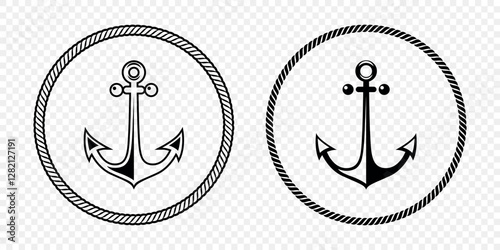 Black and White Anchor Icon Set. Flat Vector Monochrome Anchor Shapes in Circular Rope Frame. Nautical Anchor Symbols, Marine Rope Border Design. Vector Illustration