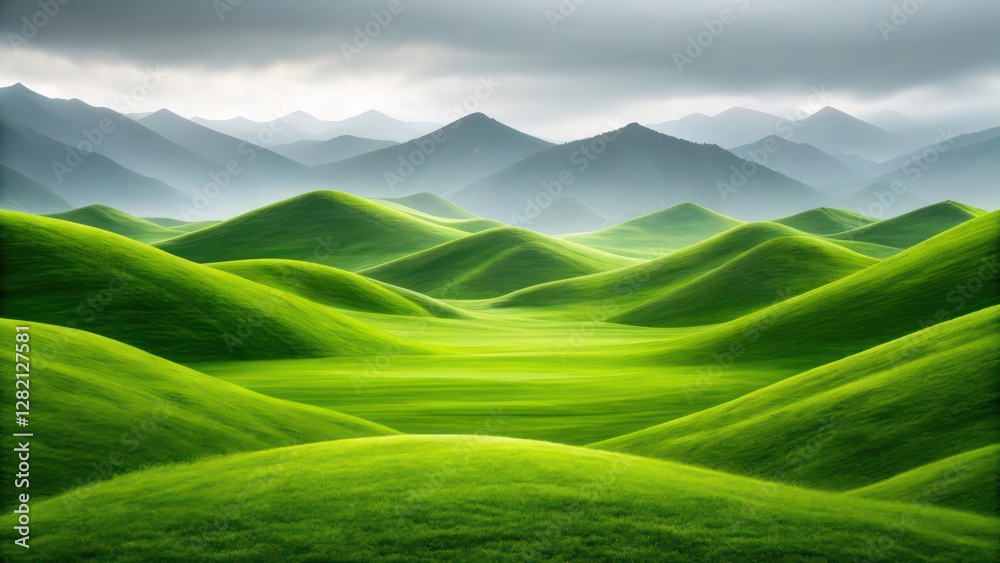 rolling green hills under a dramatic, cloudy sky create a serene and captivating landscape. The image evokes feelings of peace, wonder, and the beauty of nature