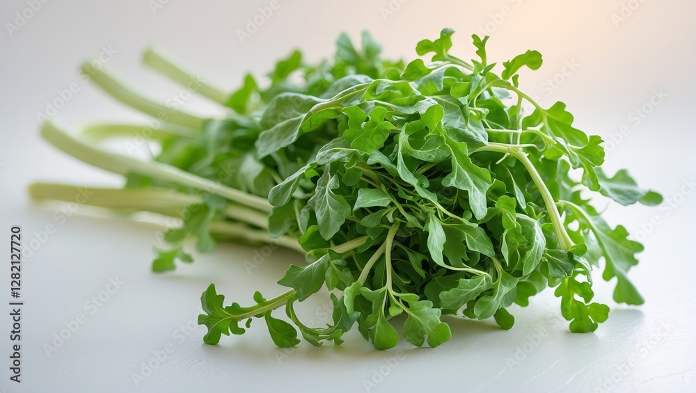 Fresh arugula leaves arranged on a light surface, perfect for salads and garnishes at any meal Fresh arugula leaves arranged on a light surface, perfect for salads and garnishes at any meal