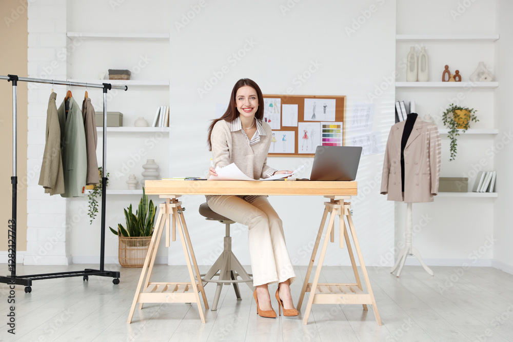 Fashion designer working at wooden table in workshop Fashion designer working at wooden table in workshop