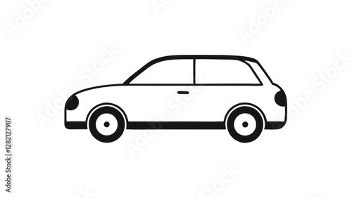 a modern car icon in black and white. The vehicle is seen in profile  highlighting its sleek design