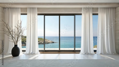 a luxury room with large windows overlooking a beautiful seaside view and some elegant decor